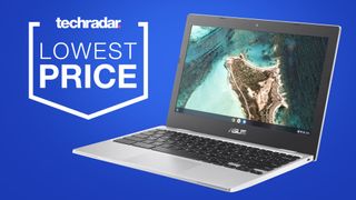 Asus Chromebook CX1100 against a blue background with TechRadar 'Lowest Price' badge.