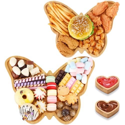 Rtteri 4 Pcs Butterfly Charcuterie Board, Wooden Food Serving Platter Trays With 2 Heart Shaped Dipping Saucers Vegetable Fruits Cookies Dish for Baby Shower Baptism Wedding Birthday Party Decoration