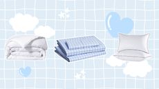 Three dorm room bedding buys on a blue grid background