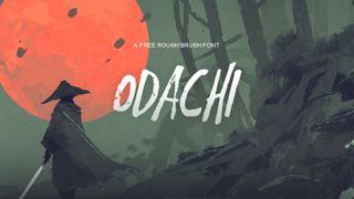 A Japanese-style character stands in a misty green landscape looking at a bright red moon. The photo reads 'A free rough brush font. Odachi'.
