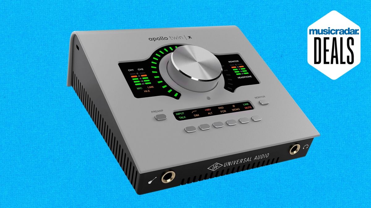 A Universal Audio Apollo Twin X Duo Gen 2 audio interface on a blue background