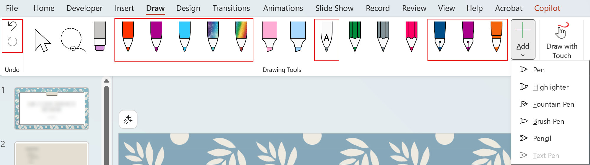 Draw tab in Microsoft 365 apps