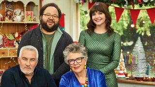 Paul Hollywood, Zach Cherry, Casey Wilson and Prue Leith in promotional photo for The Great American Baking Show: Celebrity Holiday 2023