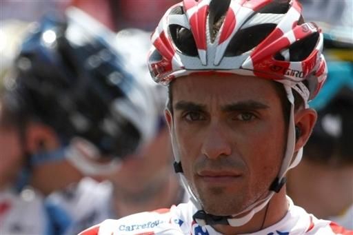 Alberto Contador in the polka dot jersey at the start of stage two