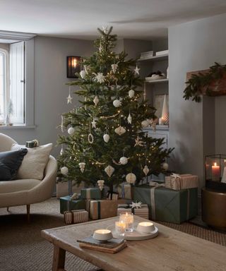 Cozy living room with christmas tree, sofa, and fireplace