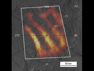 Heat radiating from the entire length of 95-mile (150-km) long fractures is seen in this best-yet heat map of the active south polar region of Saturn's ice moon Enceladus. The data was collected on March 12, 2008.