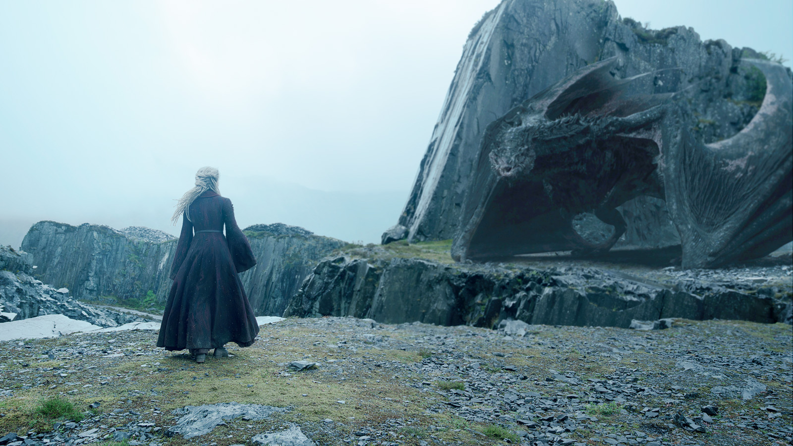 Rhaena standing a hilltop and looking at Sheepstealer in House of the Dragon season 3