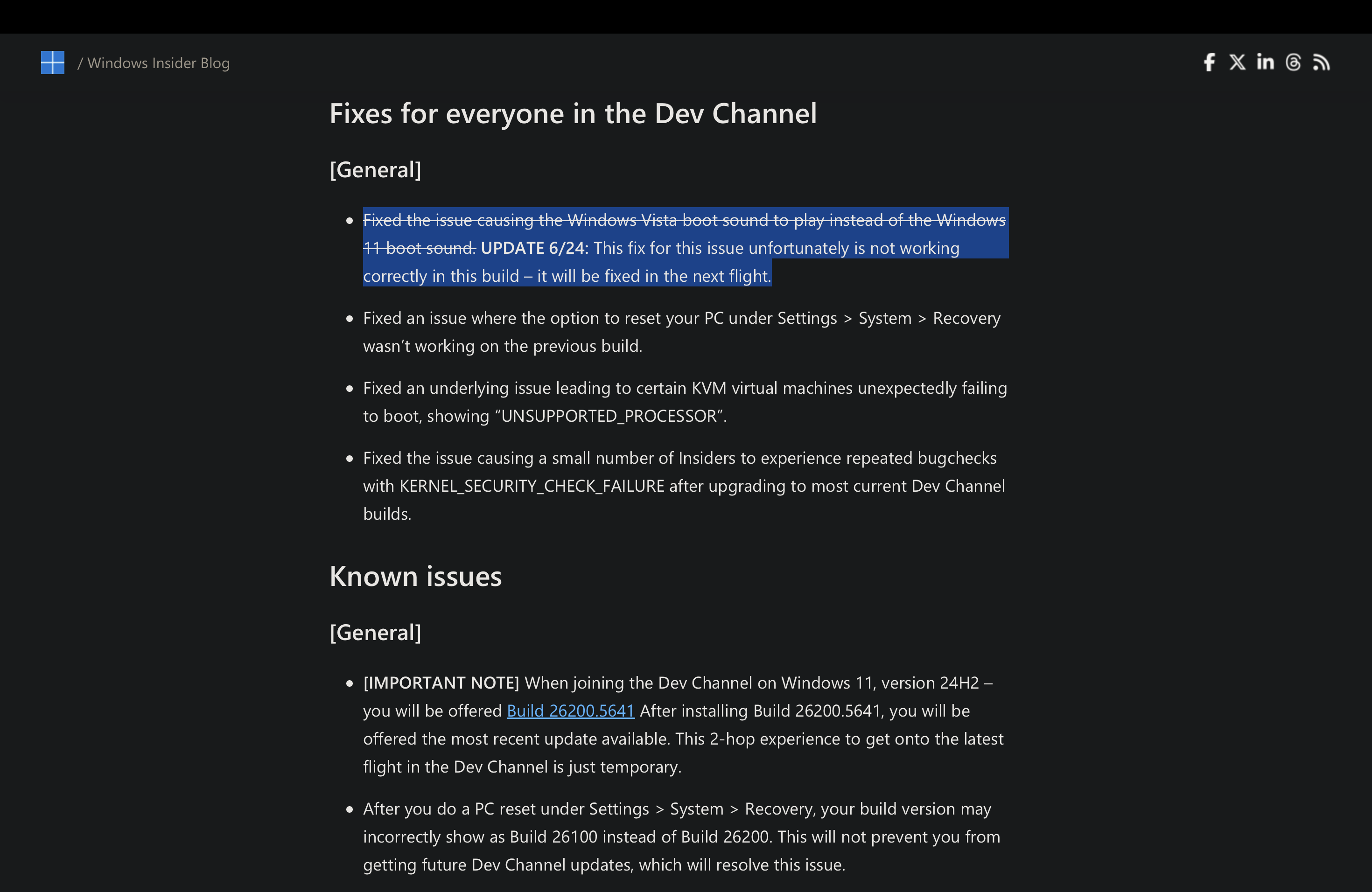 Screenshot displaying the "Fixes for everyone in the Dev Channel" section in the Windows 11 Insider Preview Build 26200.5661 (Dev Channel) release notes