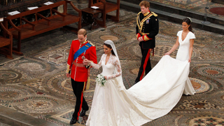 Prince William and his wife Kate, Duchess of Cambridge, followed by Britain's Prince Harry and Maid of Honour Philipa Middleton, leave Westminster Abbey in London, after their wedding ceremony, on April 29, 2011