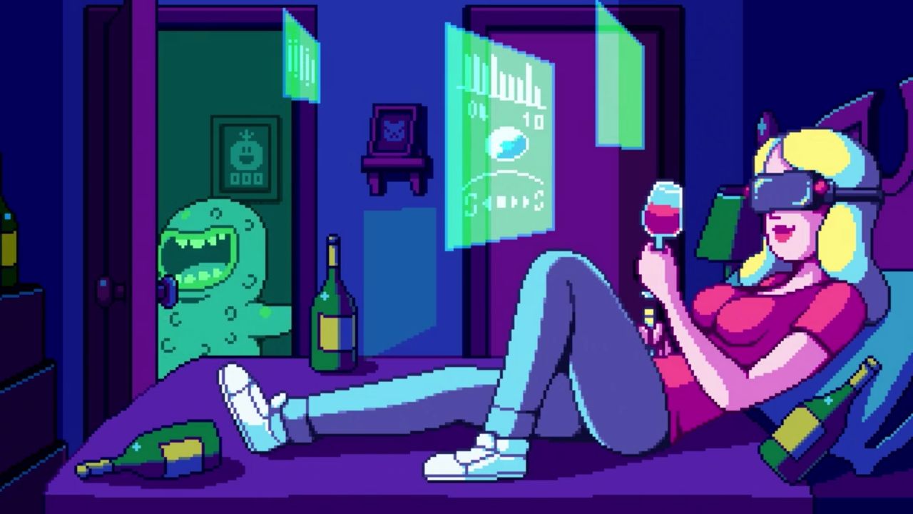 A still from the animated series Ambient Swim depicting Beth from Rick and Morty in a VR headset.