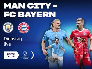 Banner zum UEFA Top Spiel FC Bayern - Manchester City auf Prime Video