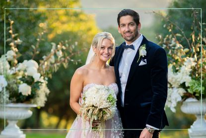 Alyssa (left) and Duncan (right) in a garden on their wedding day