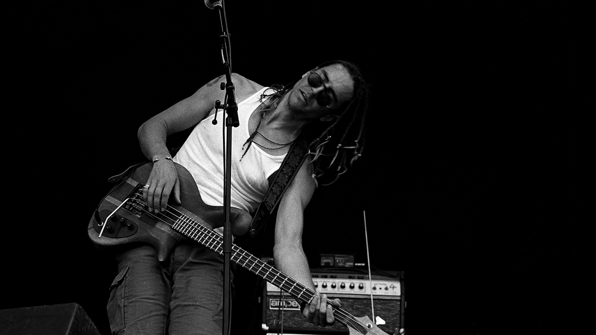 Les Claypool from Primus onstage in 1991