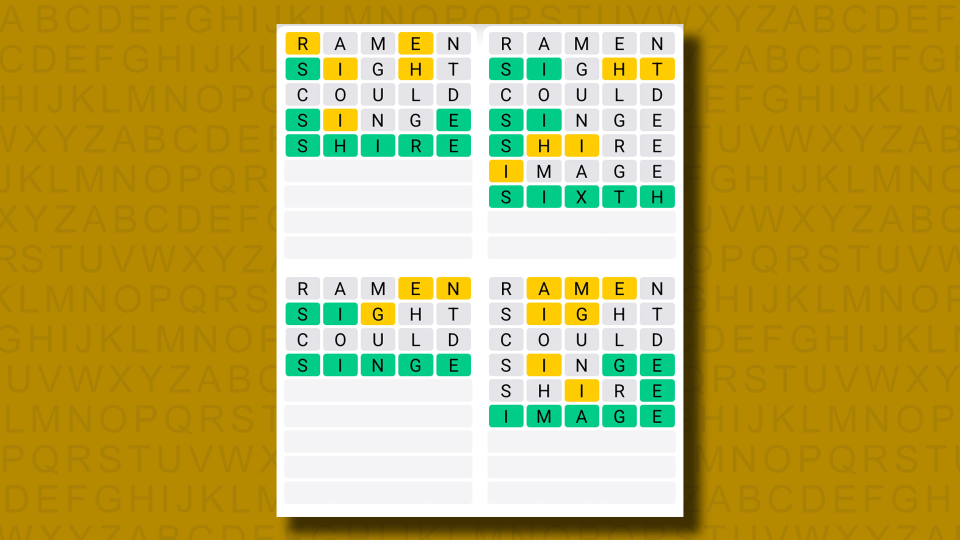 Quordle answers for game 1262 on a yellow background
