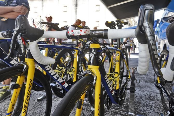The bike of Rafal Majka has a special polka dot SRM computer
