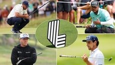 A LIV Golf logo with multiple players holding putters around the outside