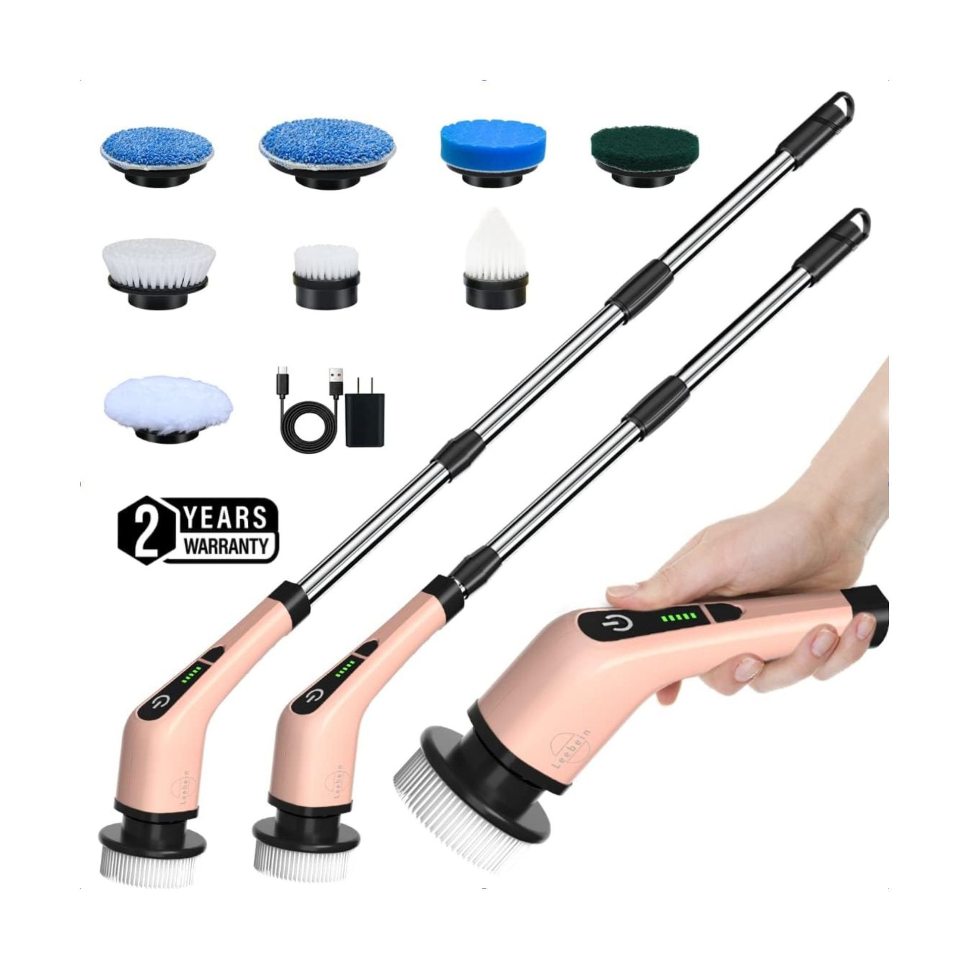 Leebein Store Electric Spin Scrubber berwarna merah muda dengan semua kepala berbeda