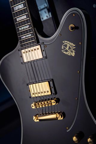 Poulsen's Firebird sports a reverse body shape. The mini-humbuckers are beefed up to a pair of 490R and 498T humbuckers in stock models. Here, Poulsen uses a Seymour Duncan JB (SH-4) in the bridge. 