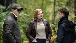 (l to r) Jeremy Strong as Kendall, Sarah Snook as Shiv and Kieran Culkin as Roman in Succession season 4 episode 5