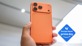 iPhone 17 Pro held in the hand with Prime Day badge.