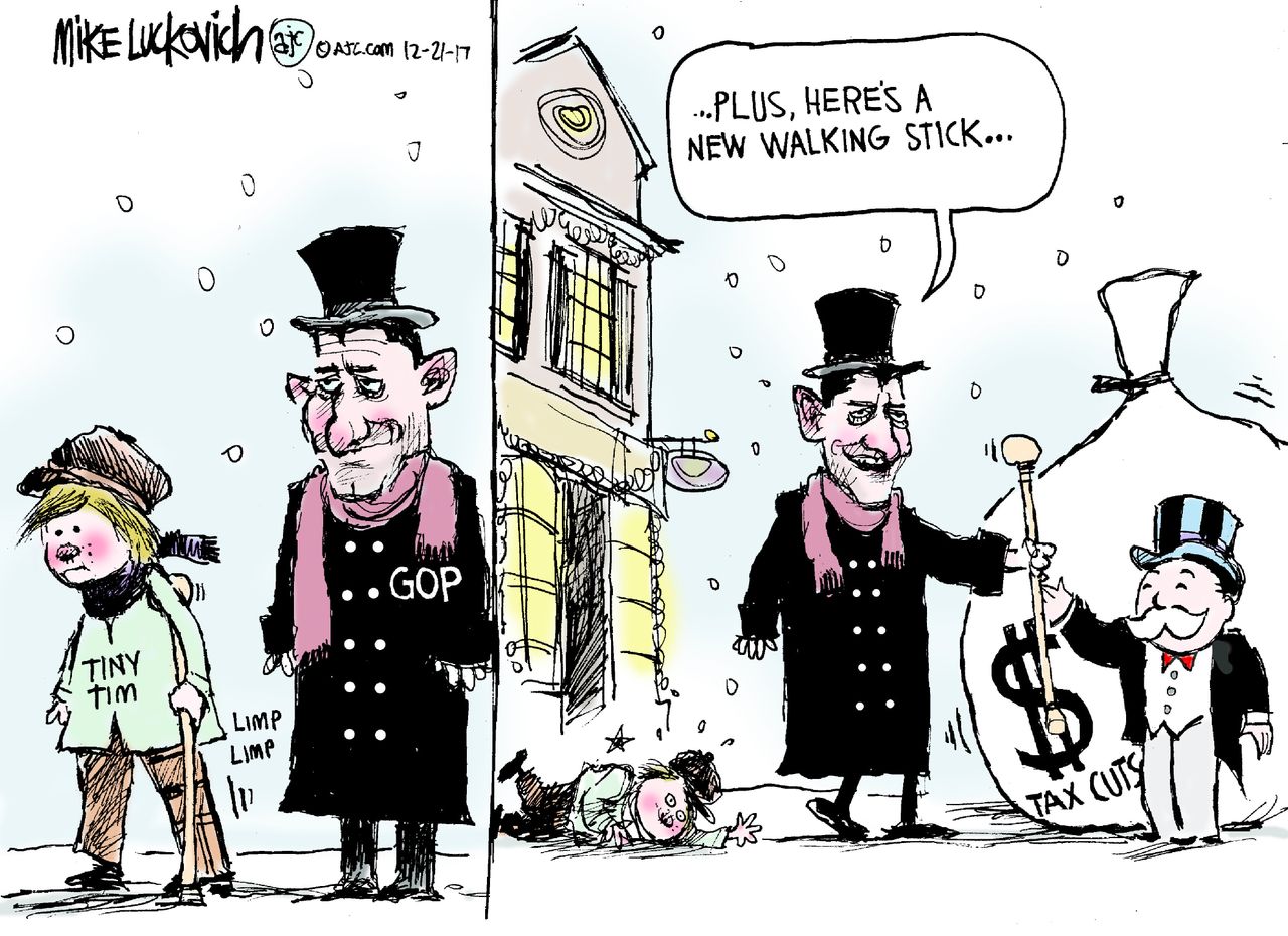 Political cartoon U.S. Christmas Paul Ryan GOP tax cuts wealthy poor