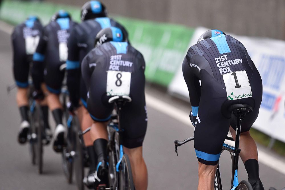 Team Sky on their way to the winning time