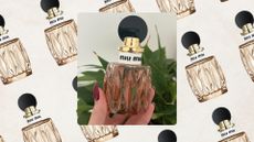 Collage of repeating Miu Miu Miutine Eau de Parfum on a beige background, with an image of hand holding the Miu Miu Miutine Eau de Parfum in front of a green plant