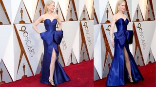 Nicole Kidman wows on the red carpet in a blue Armani Privé sweet heart neckline dress with big front bow in a deep blue color