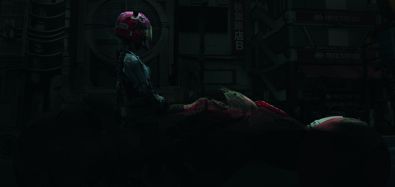 Digital art in progress showing a biker girl in a dark cityscape
