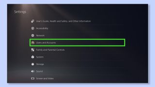The settings menu of the PS5 with 'Users and Accounts' highlighted
