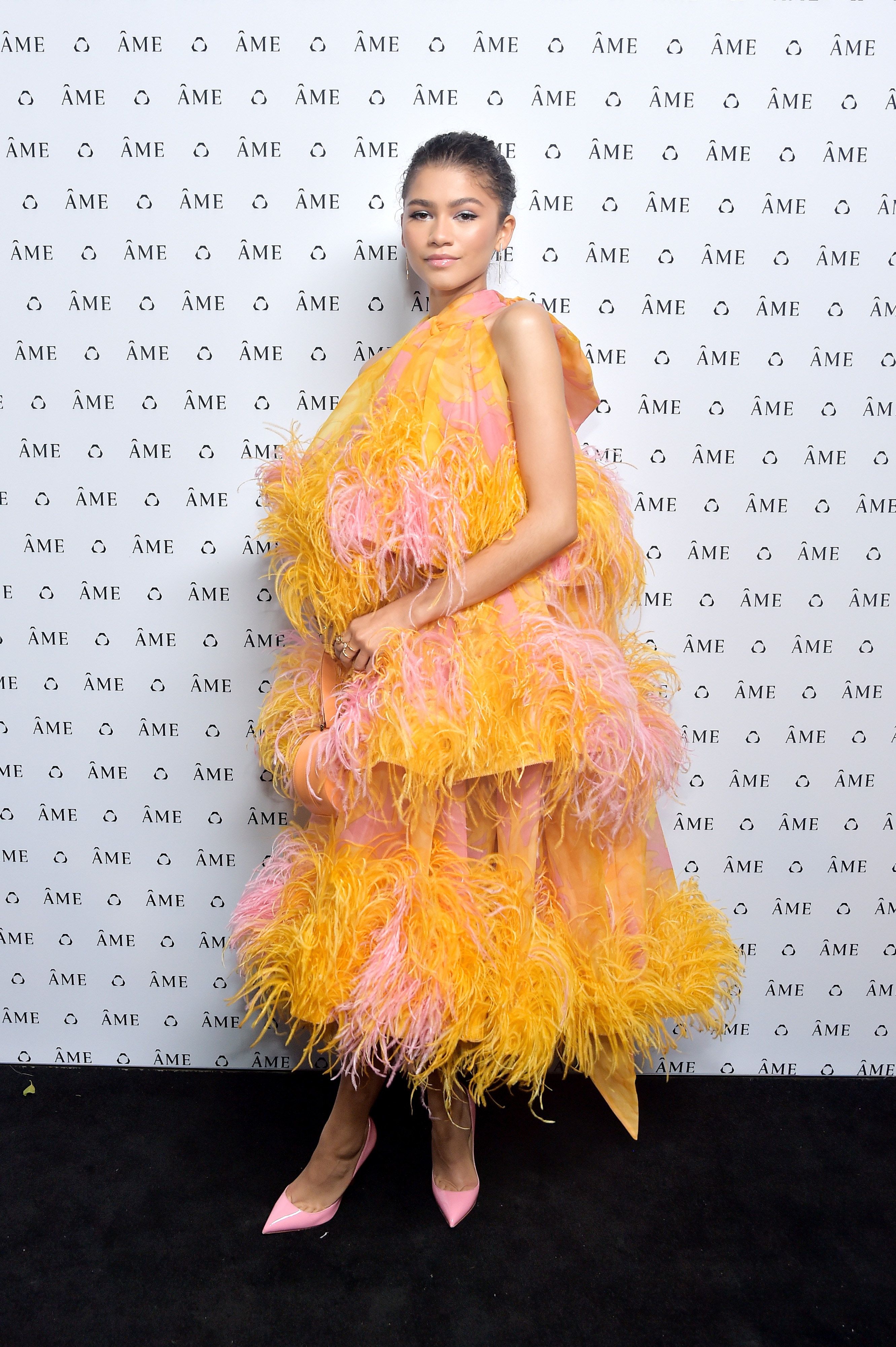 Zendaya wore a feathered Marc Jacobs dress to a 2018 event