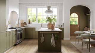 Olive green traditional kitchen with a central island unit