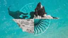 Photo collage of an undersea volcano explosion, an engraving of the sun, Chinese currency and a part of the shape of Tonga. In the background, there is clear, blue water.