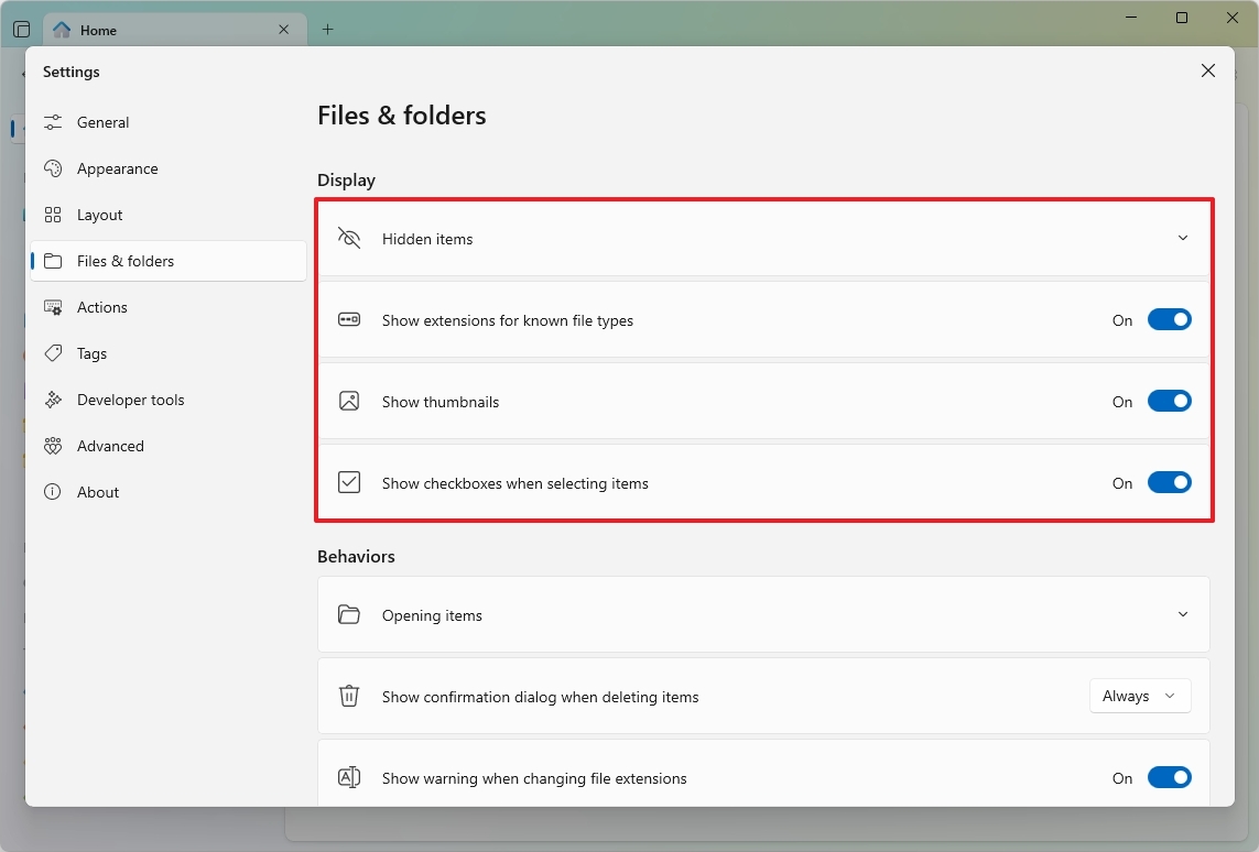 Files display and behaviors settings