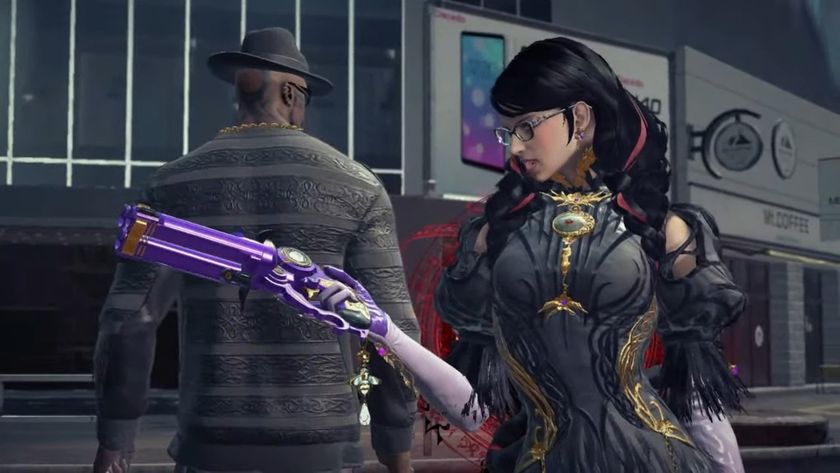 Bayonetta 3 screenshot showing bayonetta looking at a gun 