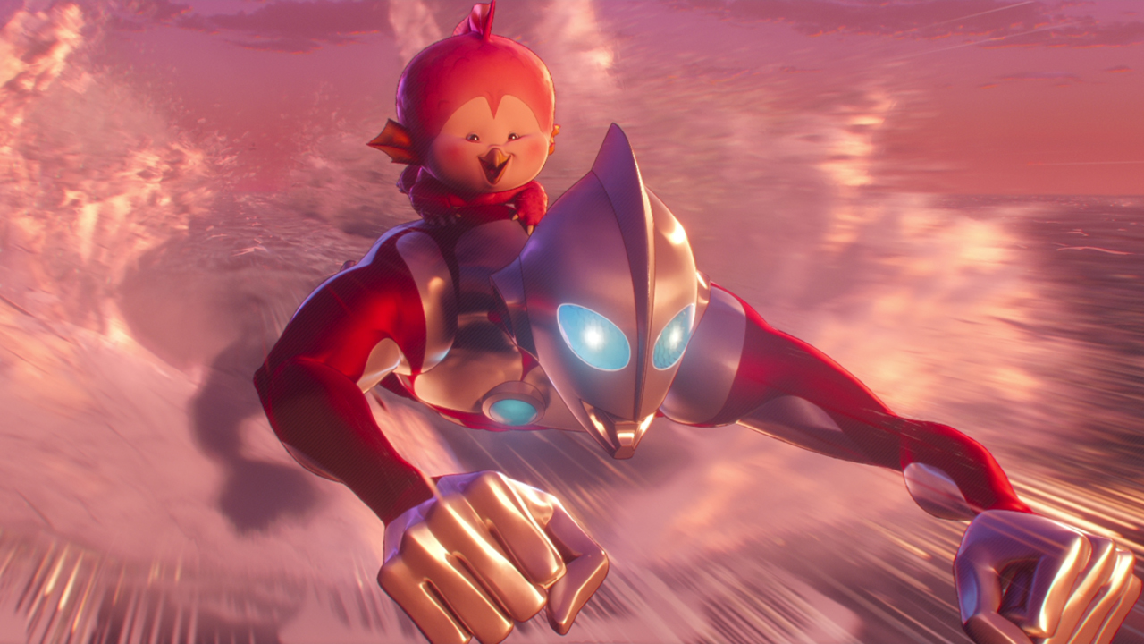 Ultraman and his baby kaiju glide through the water in Ultraman: Rising