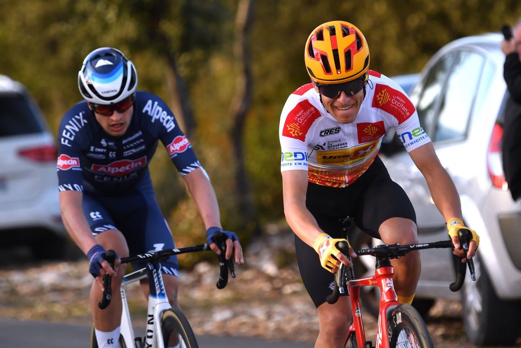 GARD FRANCE FEBRUARY 05 Tobias Halland Johannessen of Norway and UNO X Pro Cycling Team White Best Young Rider Jersey and Jay Vine of Australia and Team AlpecinFenix compete in the breakaway during the 52nd toile De Bessges Tour Du Gard 2022 Stage 4 a 145km stage from Saint Hilaire de Brethmas to Mont Bouqueton 617m EDB2022 February 05 2022 in Gard France Photo by Luc ClaessenGetty Images