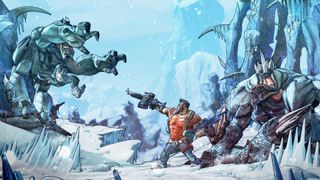 A screenshot from Borderlands 2, showing a person shooting at a monster in a snowy area.