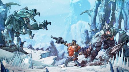 A screenshot from Borderlands 2, showing a person shooting at a monster in a snowy area.