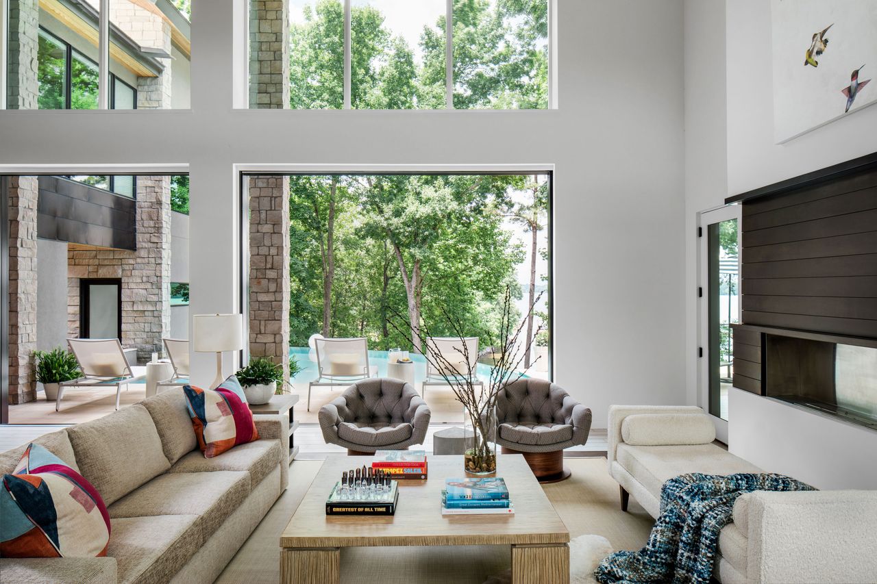 a living room with a styled coffee table