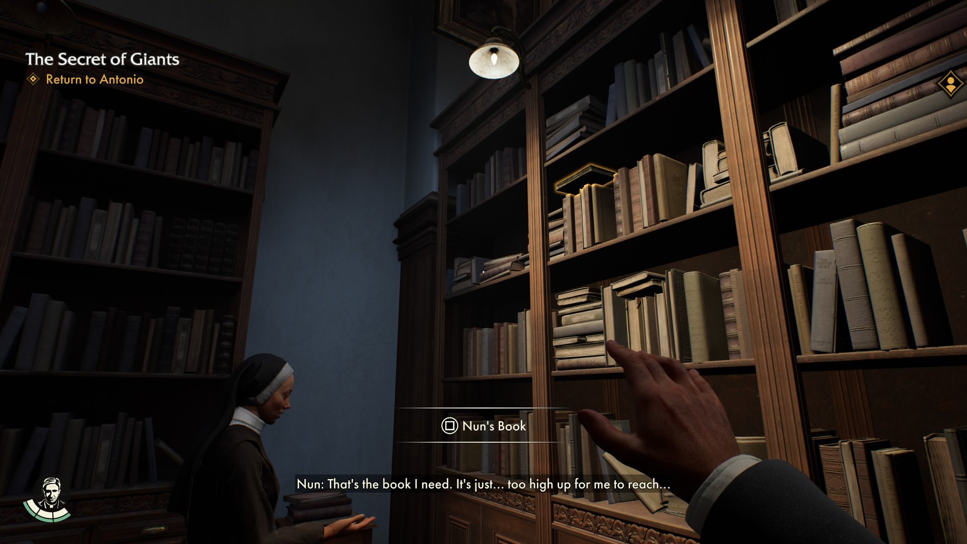 Indiana Jones and the Great Circle screenshot of nun expressing that a book is too high up to reach, and a prompt is shown to help her