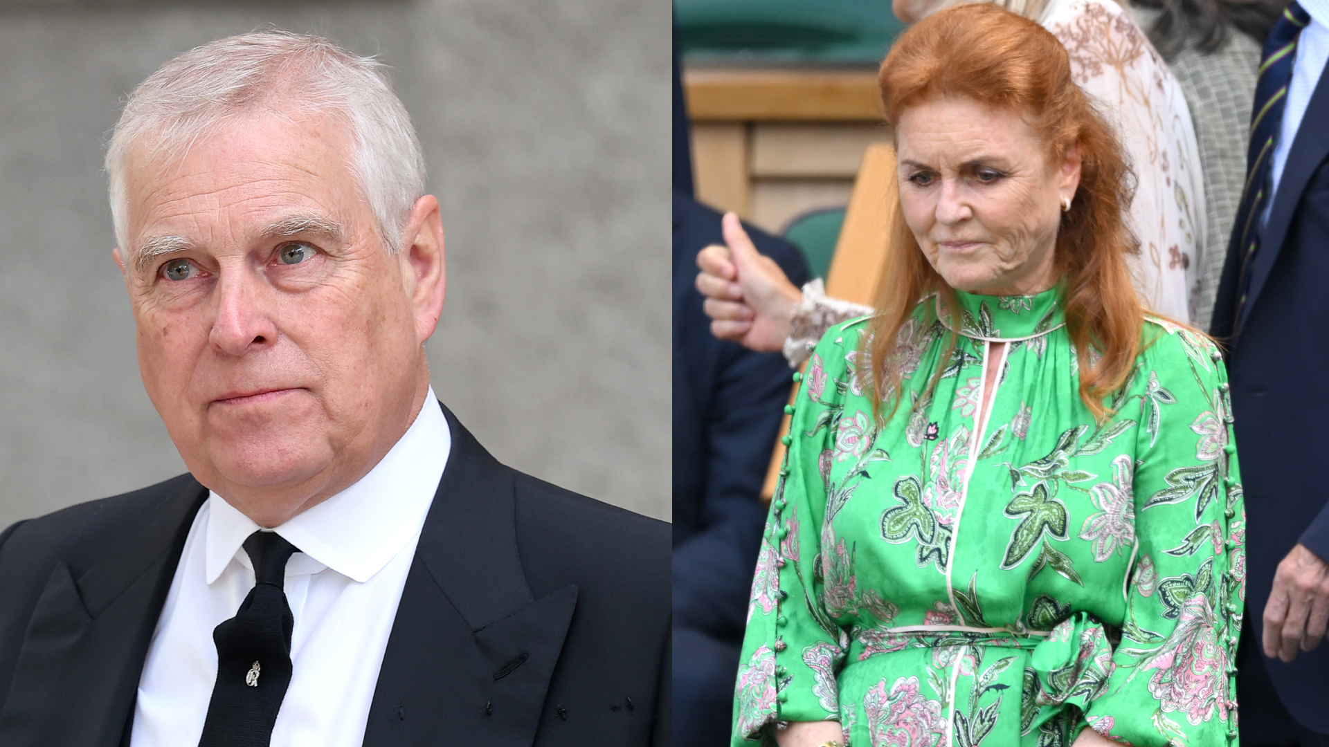 Prince Andrew grimacing in a dark suit; Sarah Ferguson wearing a bright green printed dress looking down