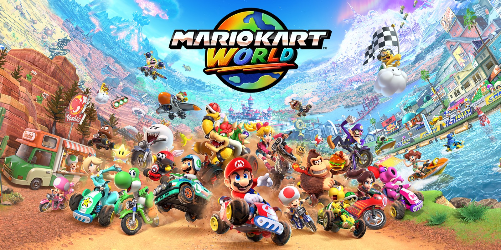 Mario Kart World picture featuring all the characters
