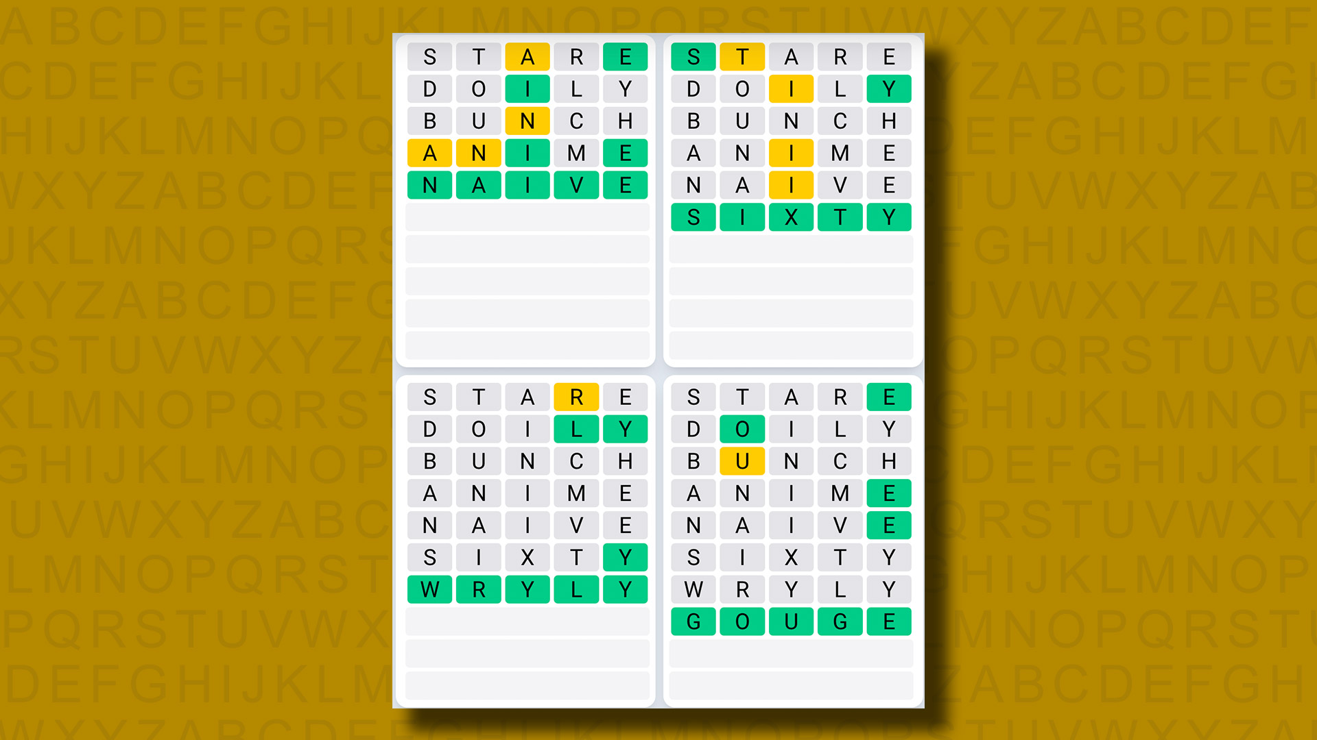 Quordle Daily Sequence Answers for Game 944 on Yellow Background