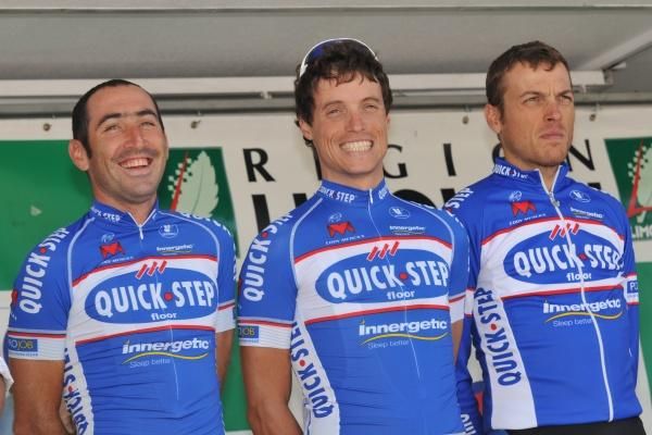 Quick Step's J&eacute;r&ocirc;me Pineau, left, and Sylvain Chavanel, center.