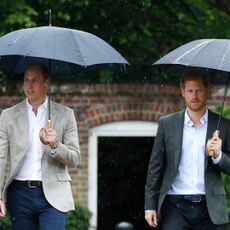 Prince William and Prince Harry both hold black umbrellas in the rain while wearing suit jackets and white shirts without ties