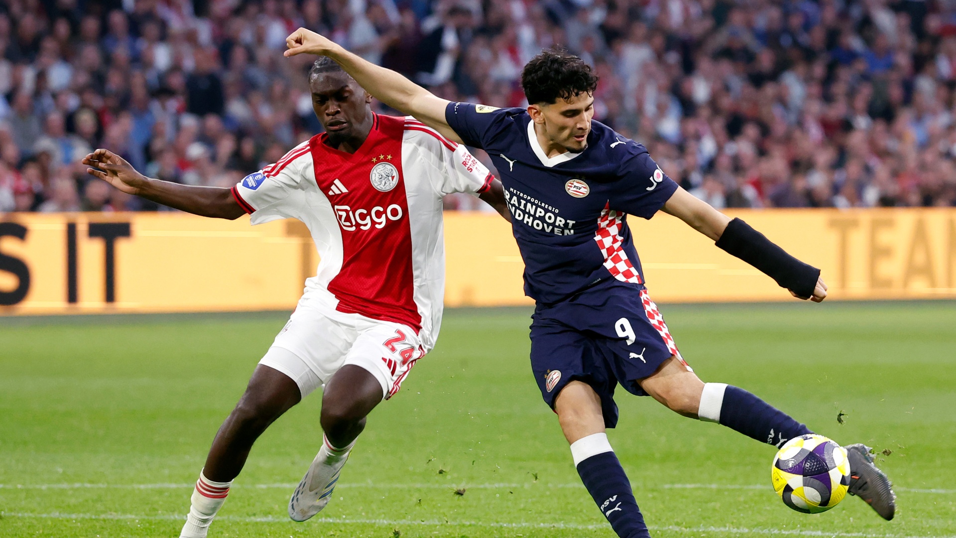 Jorthy Mokio and Ricardo Pepi during the Ajax v PSV Eindhoven game on May 2, 2026