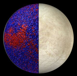This rendering of Jupiter's icy moon Europa shows so-called isosurfaces of warmer (red) and cooler (blue) temperatures in a simulation of Europa’s global ocean dynamics. More heat is delivered to the ice shell near the equator where convection is more vigorous, consistent with the distribution of chaos terrains on Europa. Image released Dec. 1, 2013.