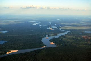 Aerial view of rainforest at the Araguaia River on the border of the states of Mato Grosso and GoiÃ s in Brazil 