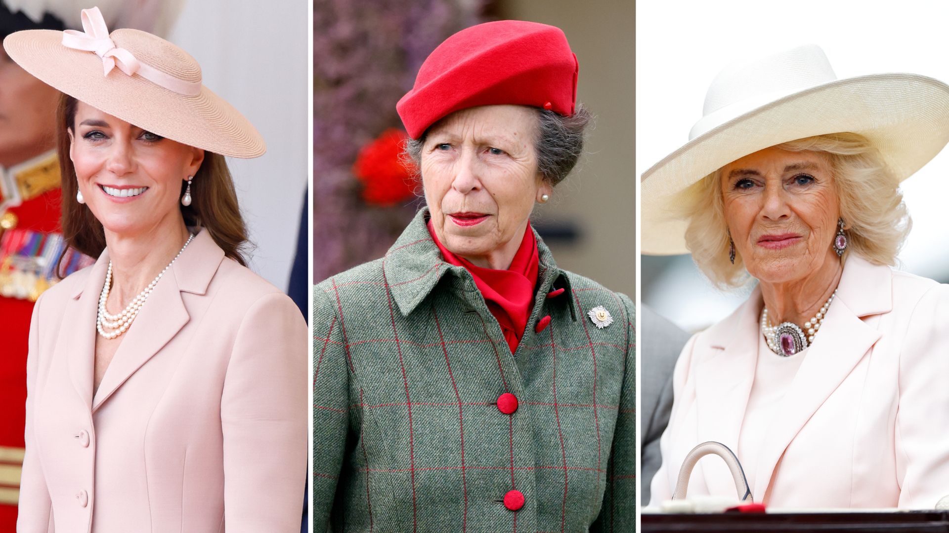 A composite of three pictures of the Princess of Wales, Princess Anne and Queen Camilla wearing pearl jewellery